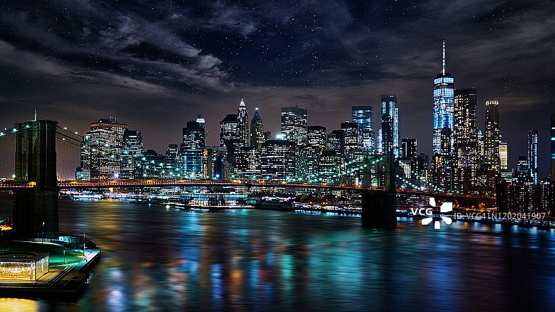 纽约市壮丽景色：布鲁克林大桥与曼哈顿金融区图片素材