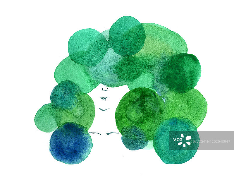绿发女人水彩画图片素材