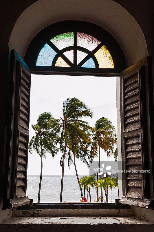 从马提尼克钻石镇圣托马斯教堂的窗户望出去，棕榈树映入眼帘图片素材