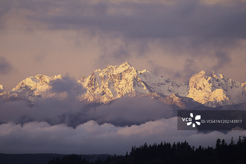 华盛顿州奥林匹克山脉雪景上的日出和云彩图片素材