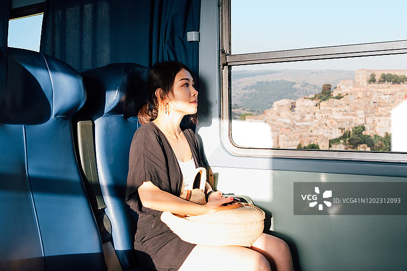 年轻女子在火车上欣赏风景图片素材