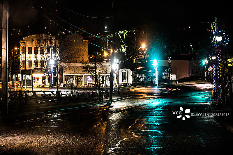 雨中湿滑的街道景象图片素材