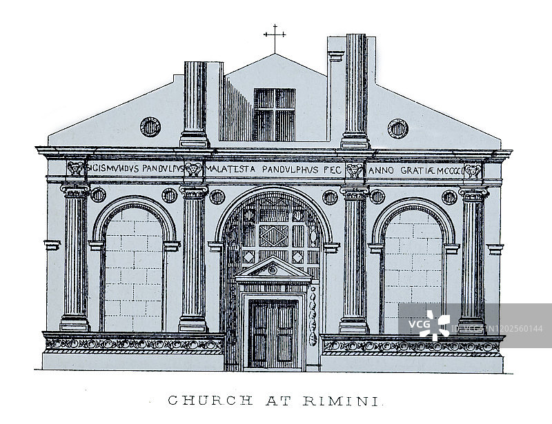 里米尼教堂古老雕刻插图，1894年大众百科全书图片素材