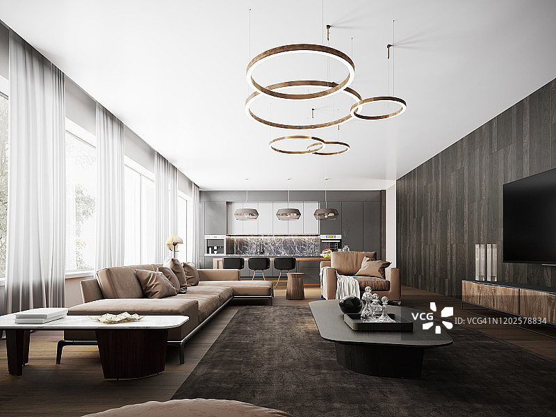 带现代厨房的豪华客厅图片素材