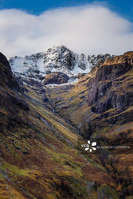 格伦科苏格兰三姐妹峰的雪山姐妹峰图片素材