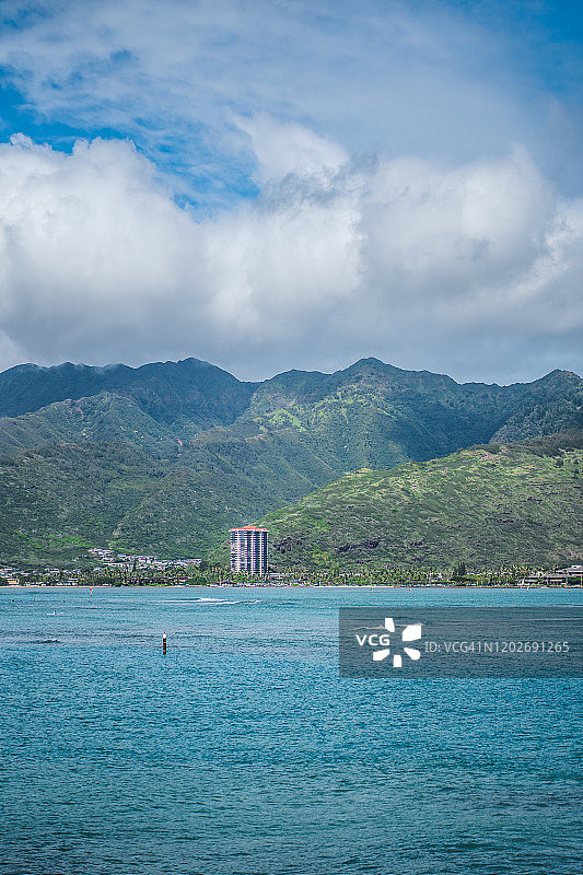 夏威夷瓦胡岛火奴鲁鲁威基基海滩海湾山丘彩虹图片素材