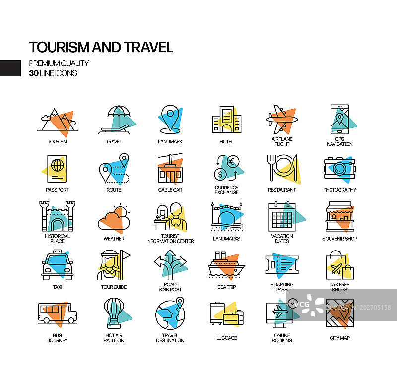 旅游和旅行相关聚光灯矢量线条图标集图片素材