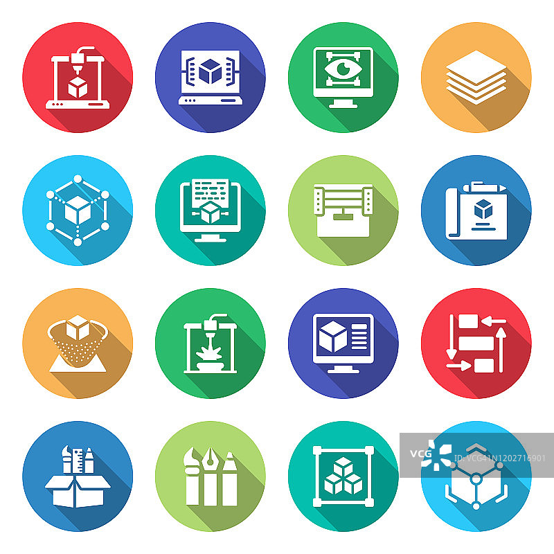 与3D打印技术相关的简约矢量扁平图标集图片素材