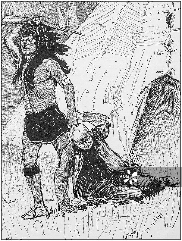 美洲原住民袭击男子古董插图图片素材