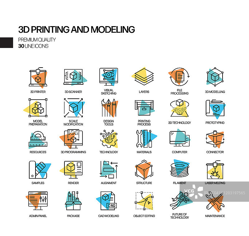3D打印技术相关聚焦矢量线性图标图片素材