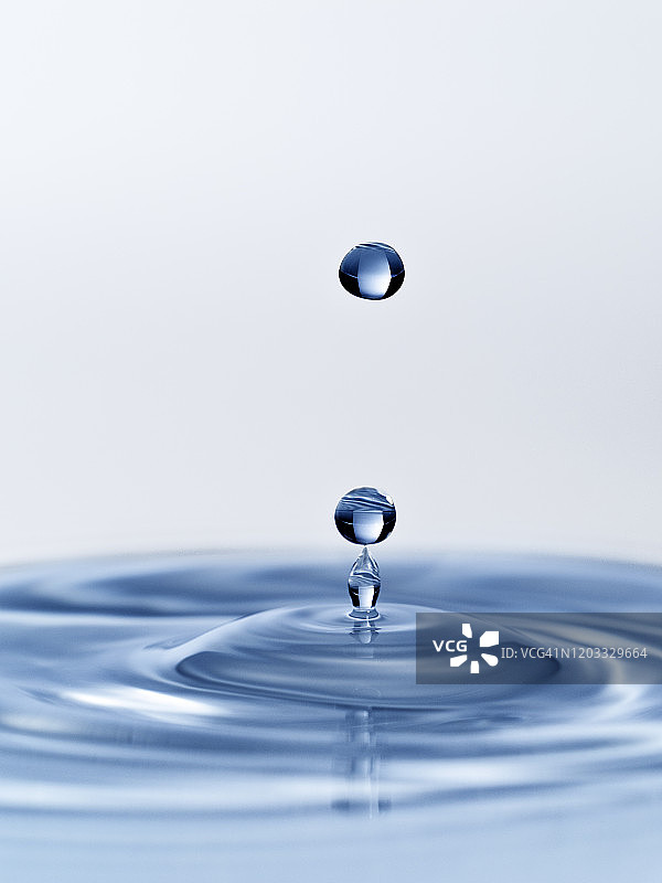 蓝色背景下，悬挂在空中的一行水滴落入水面图片素材