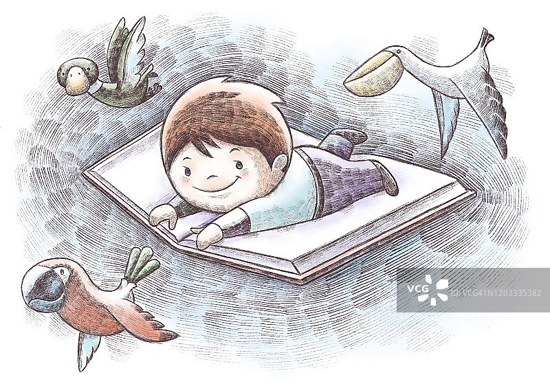 儿童抱着大书飞翔图片素材