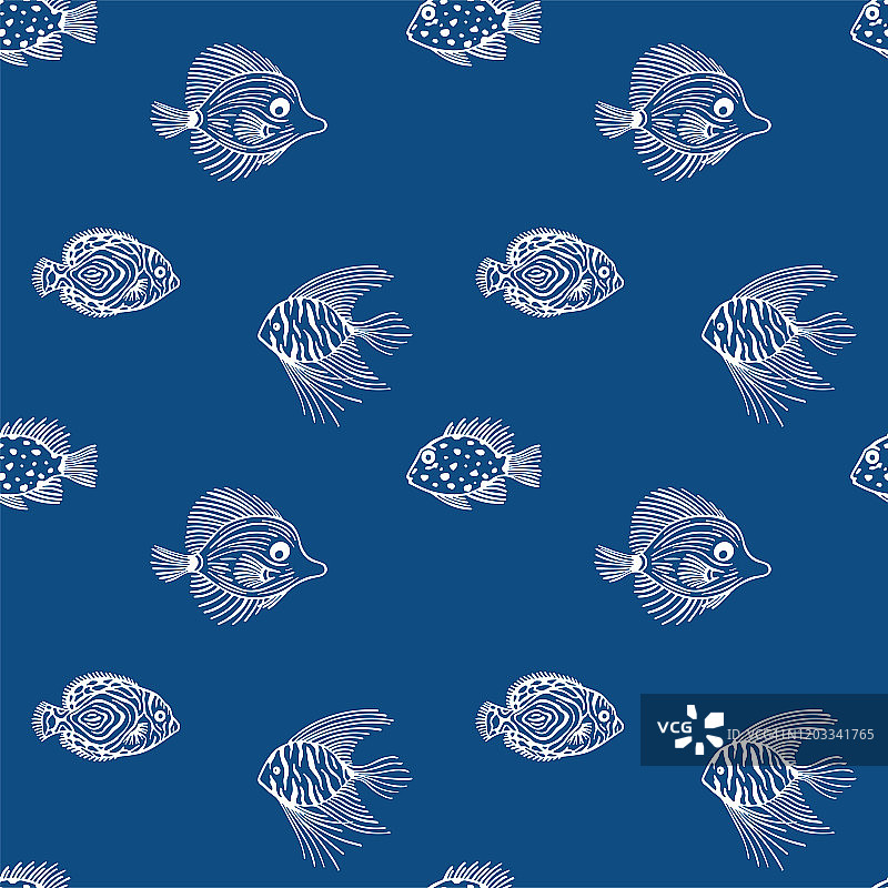 经典蓝色背景上的鱼类无缝图案，适用海洋馆商店等图片素材