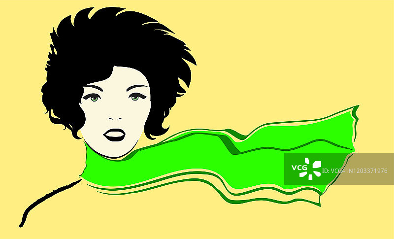 时尚插画：戴绿色飘逸围巾的女孩速写图片素材