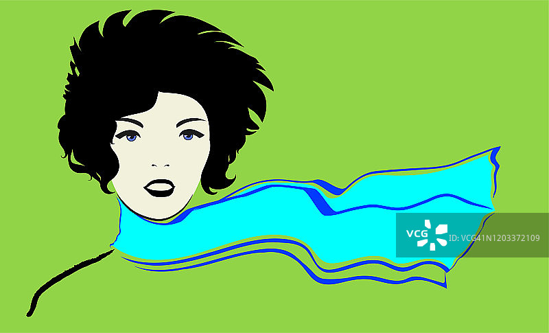 美丽的时尚插画 - 带有蓝色飞舞围巾的女孩的素描肖像图片素材