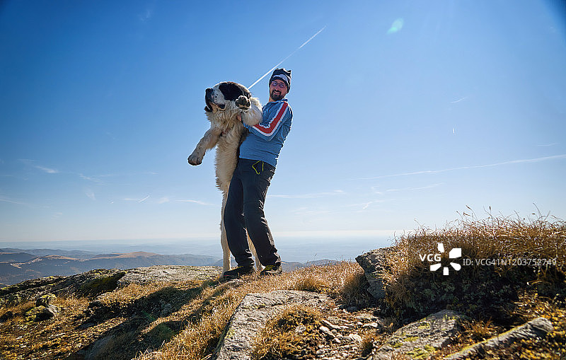 与圣伯纳犬在罗马尼亚征服高山的温情放松时刻图片素材