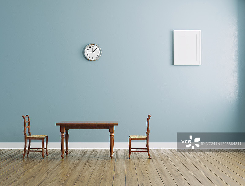 空房间，配有木桌、椅子和挂钟图片素材