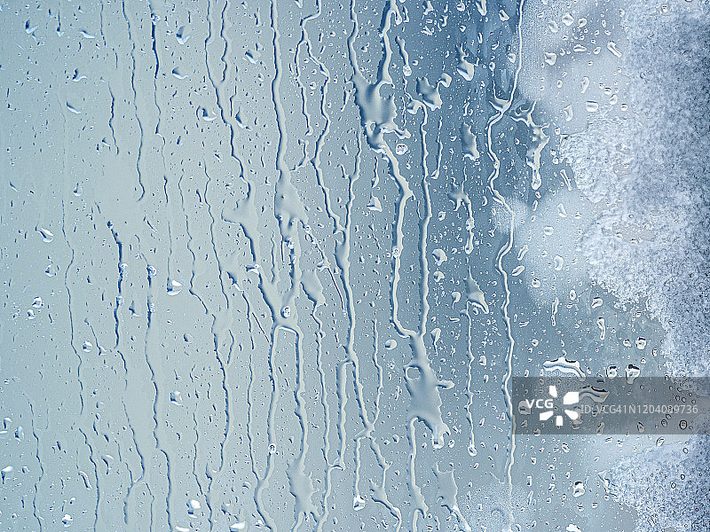 带有雨滴和雪花的湿玻璃窗全景照片图片素材