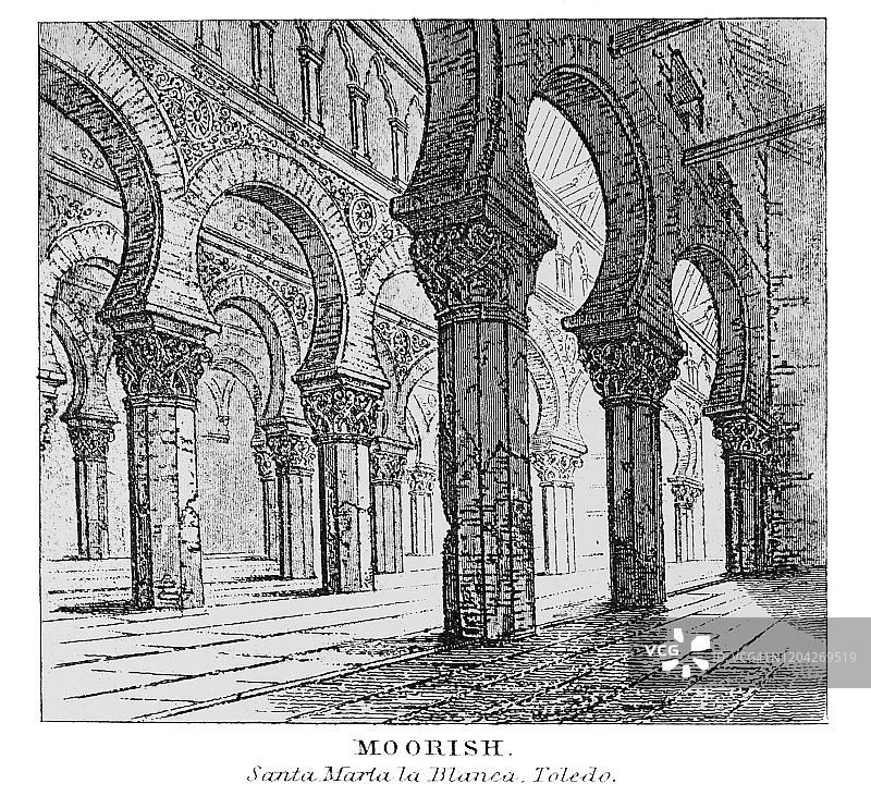 圣玛丽亚拉布兰卡犹太教堂古老雕刻插图，1894年大众百科全书出版图片素材