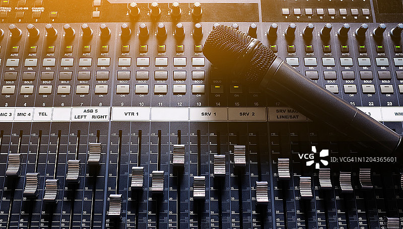 麦克风、扩音设备、演播室音频调音台旋钮和推子banner图片素材
