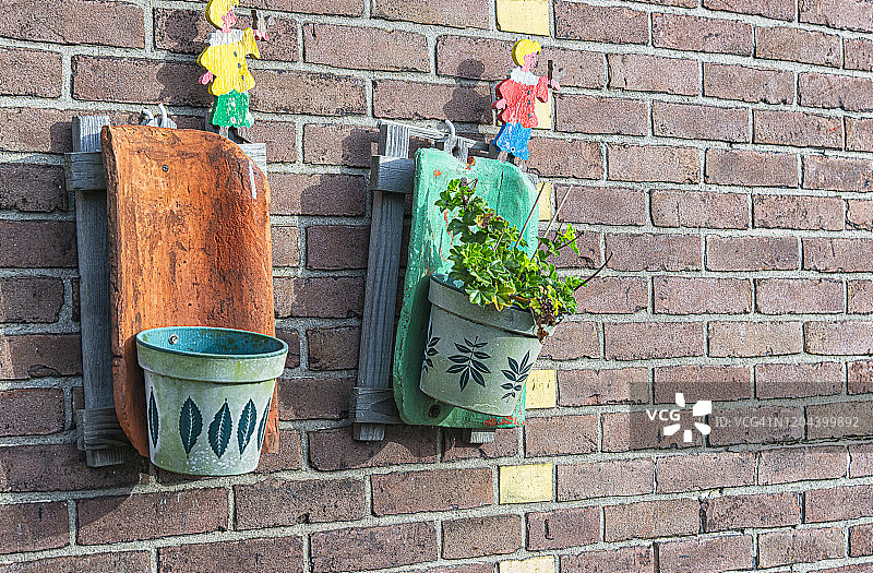 挂在石墙木板上的两盆花图片素材