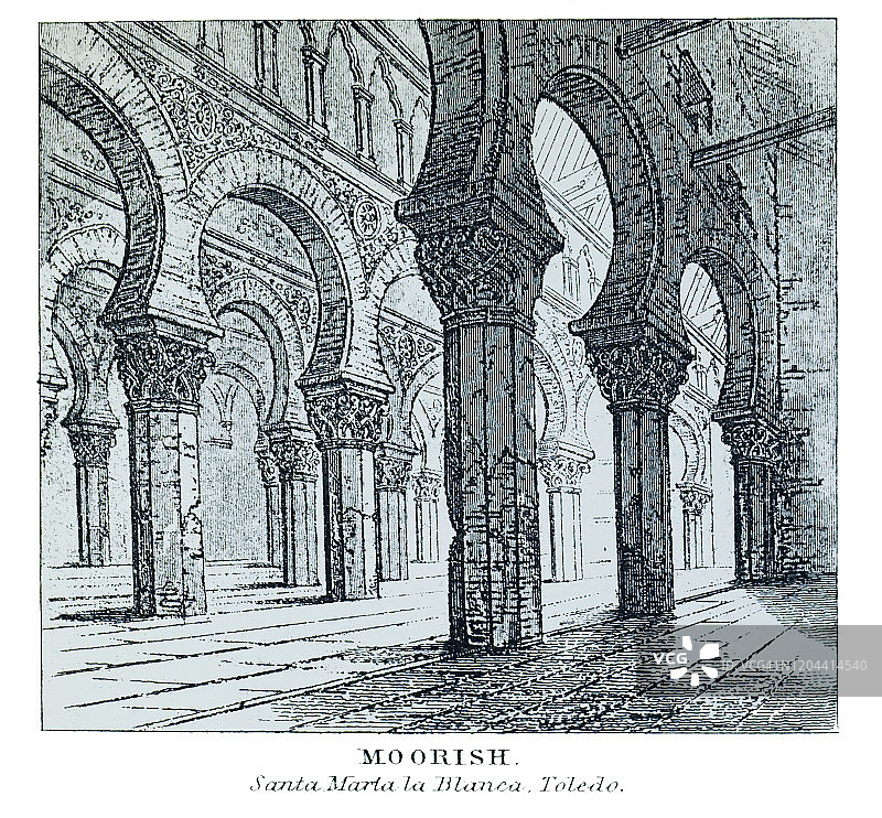 圣玛丽亚拉布兰卡犹太教堂古老雕刻插图，1894年大众百科全书出版图片素材