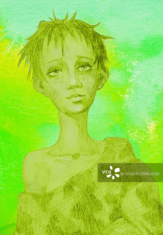 黄色调无家可归男孩肖像水彩插画图片素材