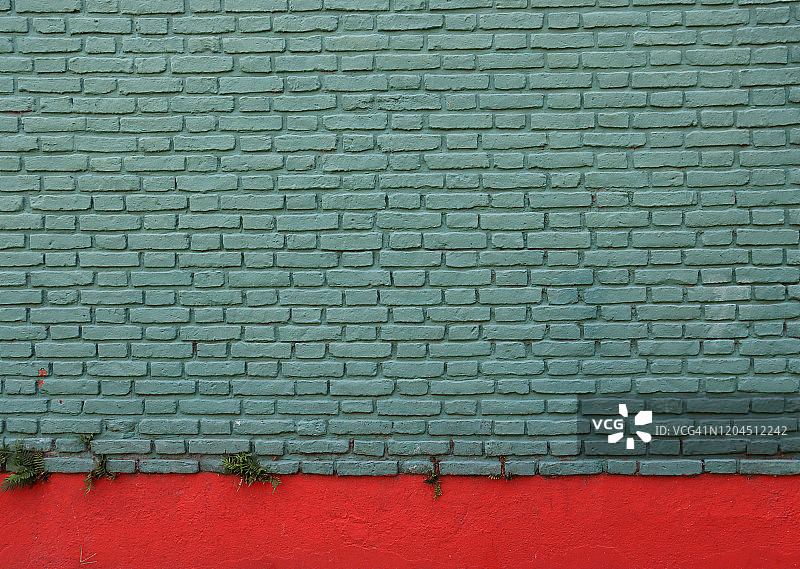 红色混凝土上的蓝色砖墙和杂草图片素材