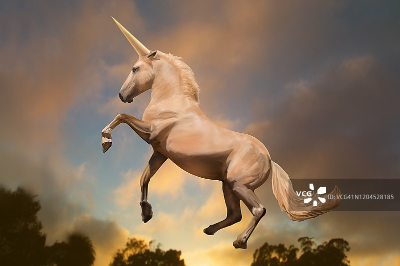 日落天空中的独角兽插画图片素材