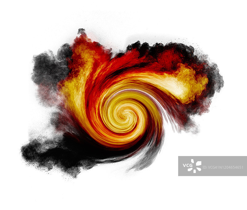 爆炸和漩涡的烟雾和火焰云在一个白色的背景。图片素材