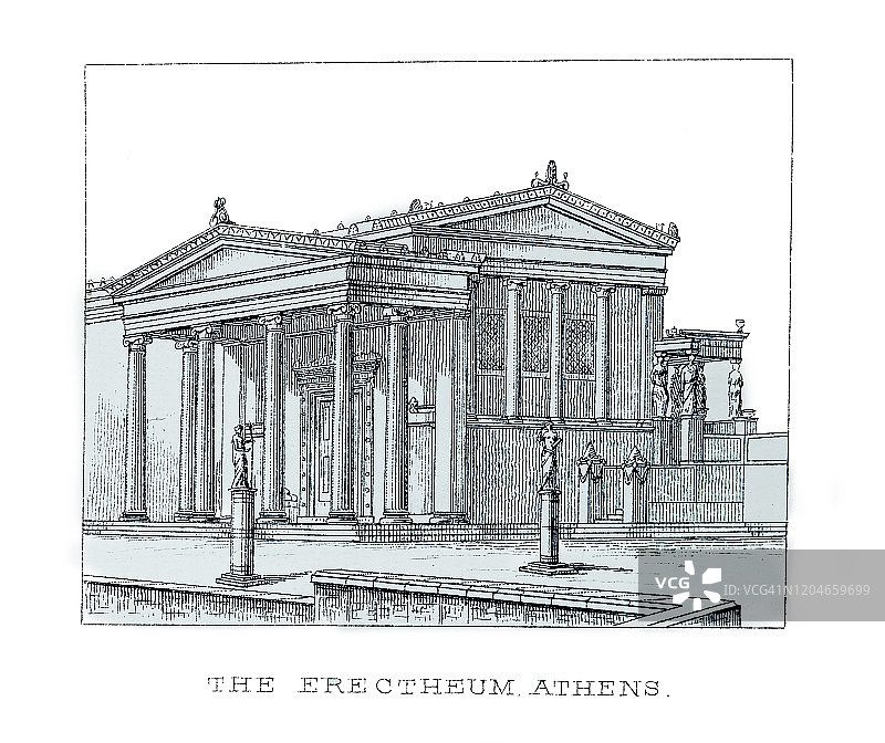 雅典埃瑞克提翁神庙建筑古版画：1894年大众百科全书图片素材