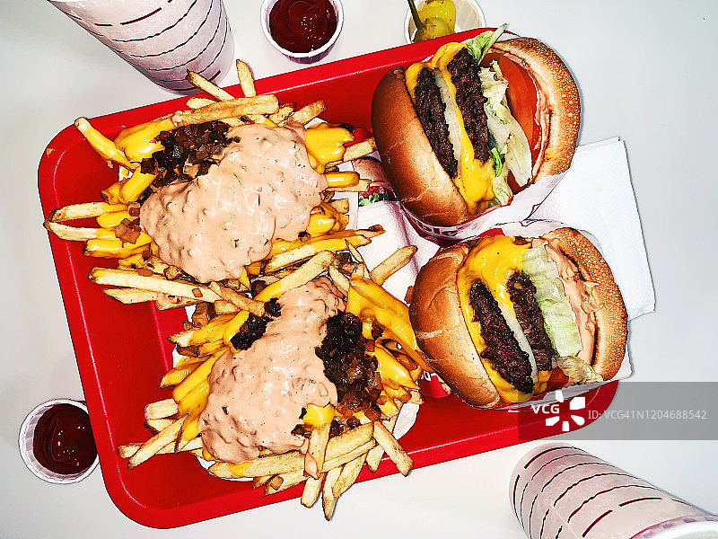 两份汉堡薯条汽水俯视图图片素材