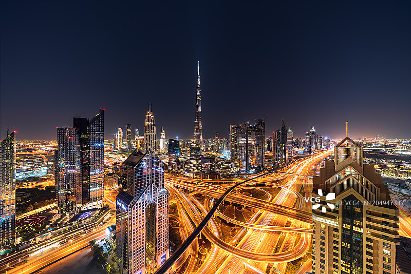 阿联酋迪拜城市天际线夜景航拍图片素材