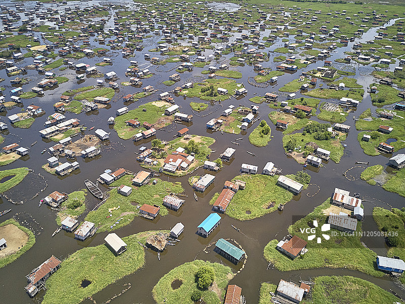 贝宁，冈维埃，诺库埃湖上渔村的鸟瞰图图片素材