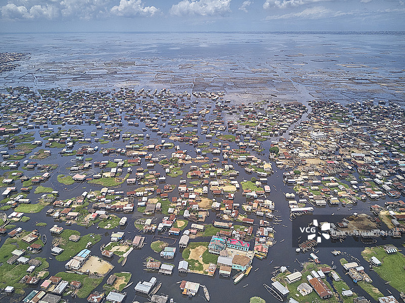 贝宁，冈维埃，诺库埃湖上渔村的鸟瞰图图片素材