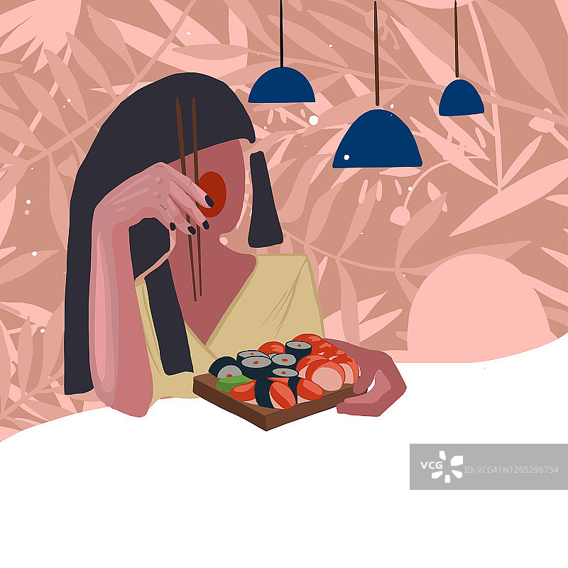 红润脸颊女孩餐厅吃寿司，花卉背景图片素材