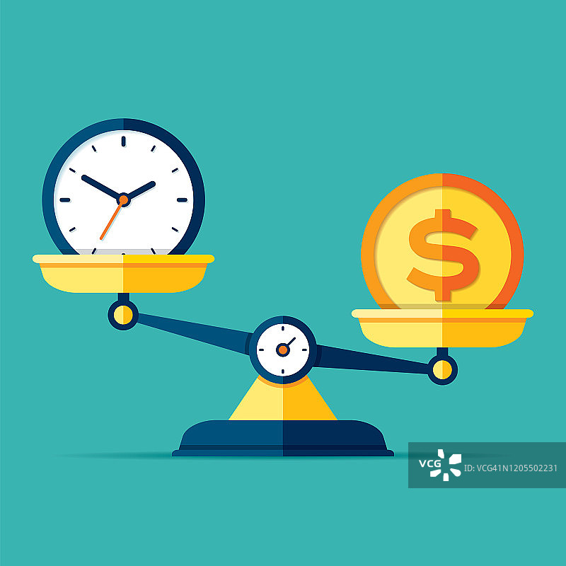 时间就是金钱：天平、美元和时钟矢量设计元素图片素材