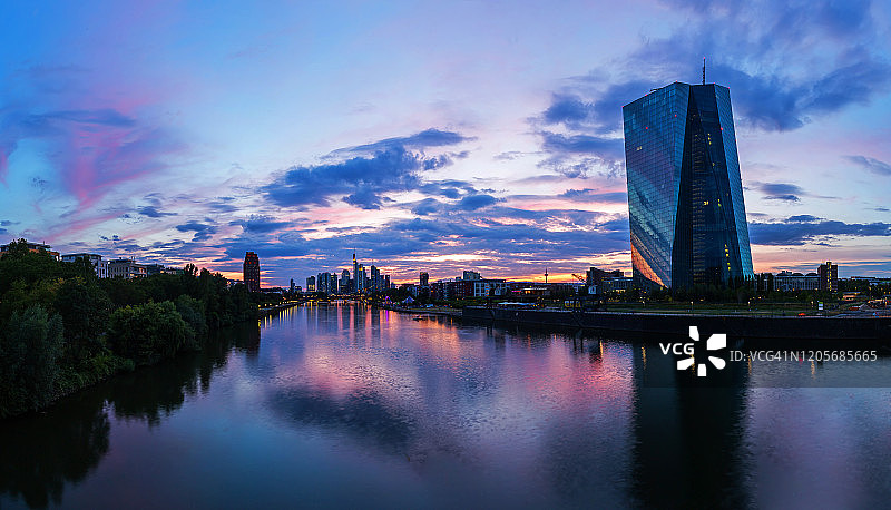 德国黑森州法兰克福/美因河畔日落时分的天际线图片素材