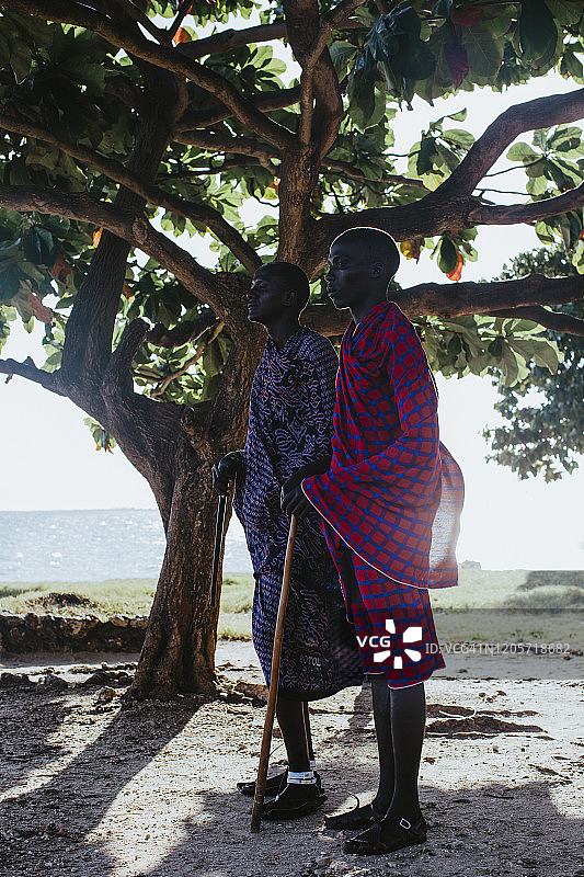 两名穿着传统服装的马赛男子站在大姆孔古树下图片素材
