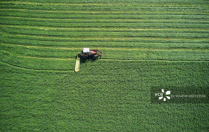 在田野上进行耙地作业的小型拖拉机图片素材