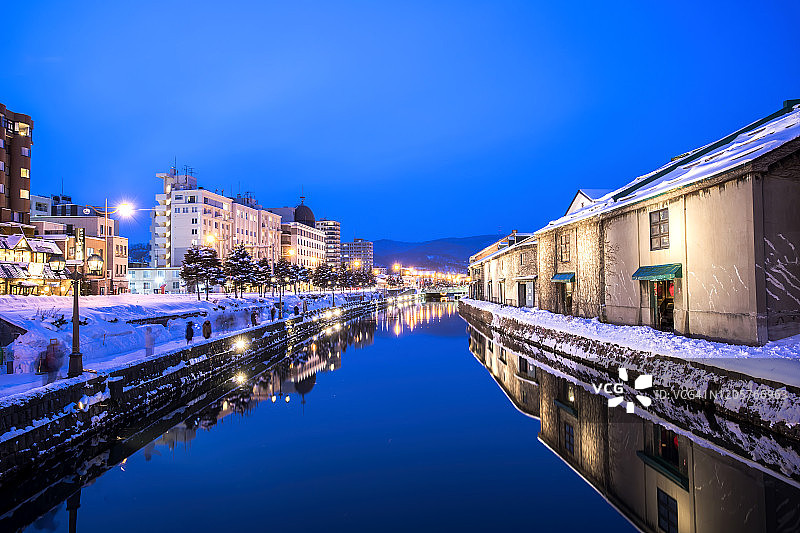 冬季雪中的小樽运河，日本北海道小樽图片素材