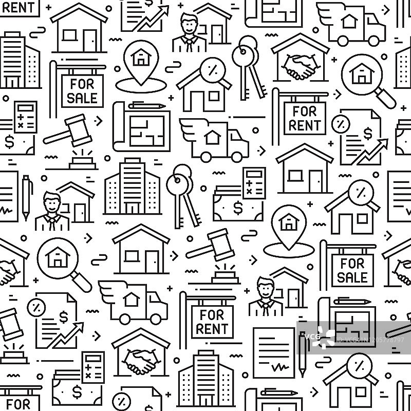 房地产相关无缝图案和背景线性图标图片素材