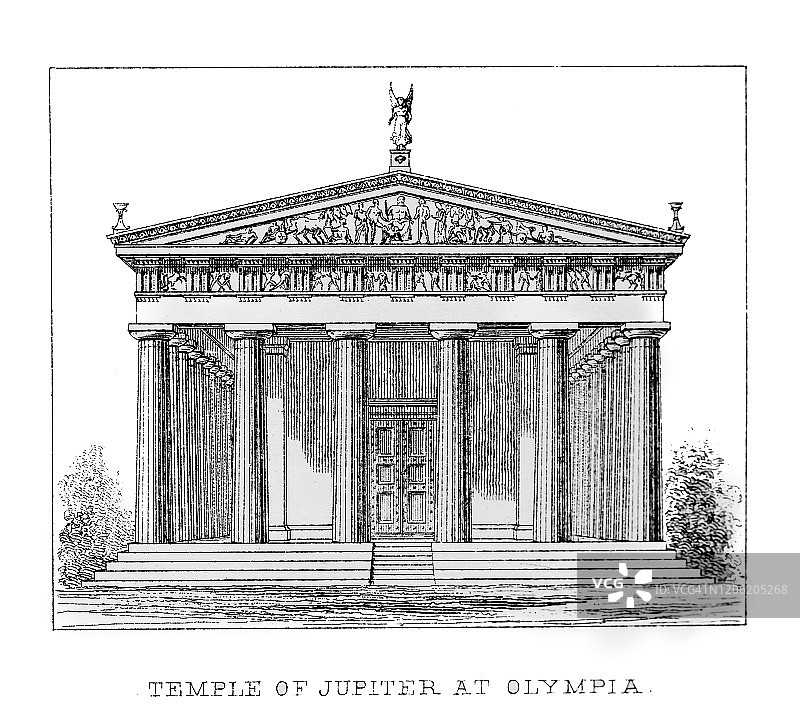 1894年出版的流行百科全书中的奥林匹亚宙斯神庙旧版雕刻建筑插图图片素材