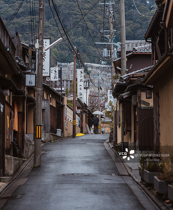 游客在雨中探索京都的后街图片素材