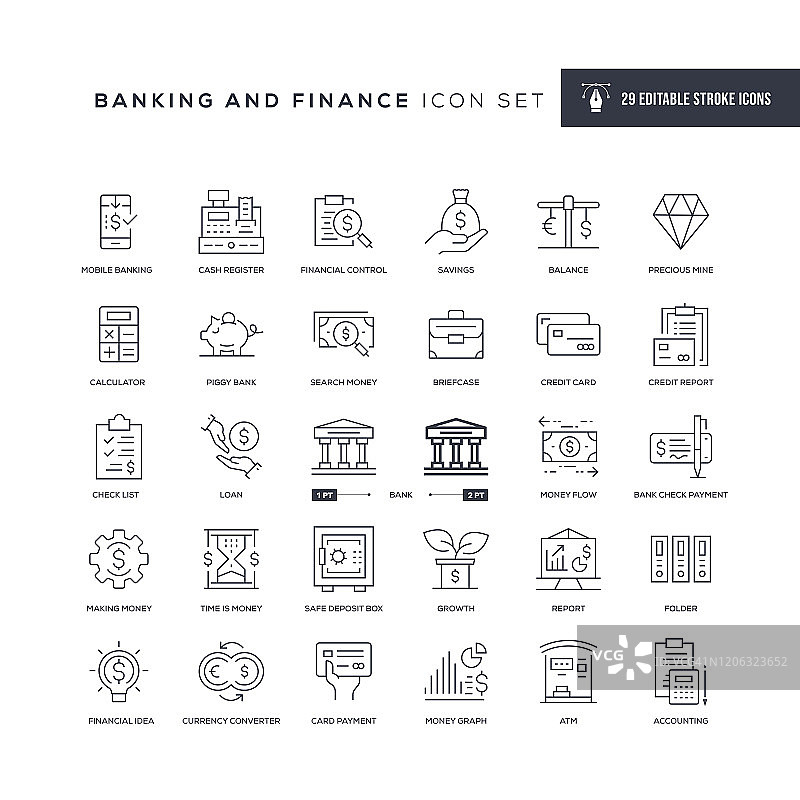 银行和金融可编辑描边线性图标图片素材