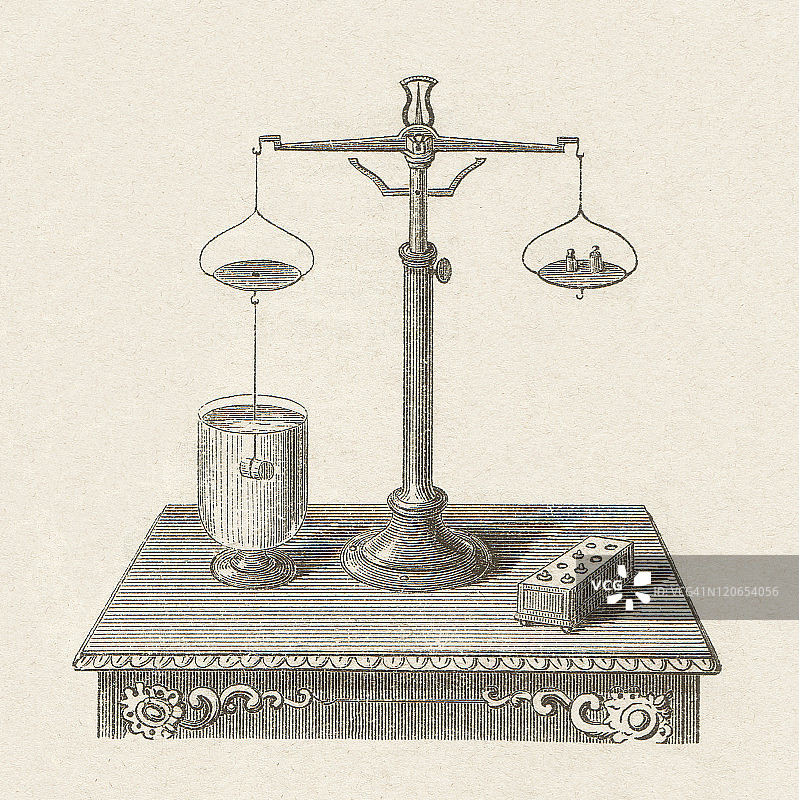 静水力平衡木刻版画，出版于1877年图片素材