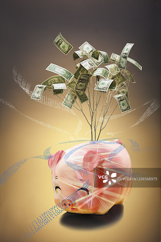 存钱罐，枯枝上的美元，量子计算与通信图片素材