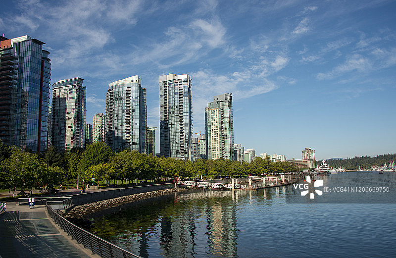 从加拿大不列颠哥伦比亚省的海堤步道看温哥华图片素材