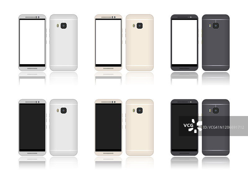 逼真质感智能手机合集，带空白屏幕。手机模型样机模板，黑白显示屏隔离。现代数字科技产品概念矢量卡通。图片素材