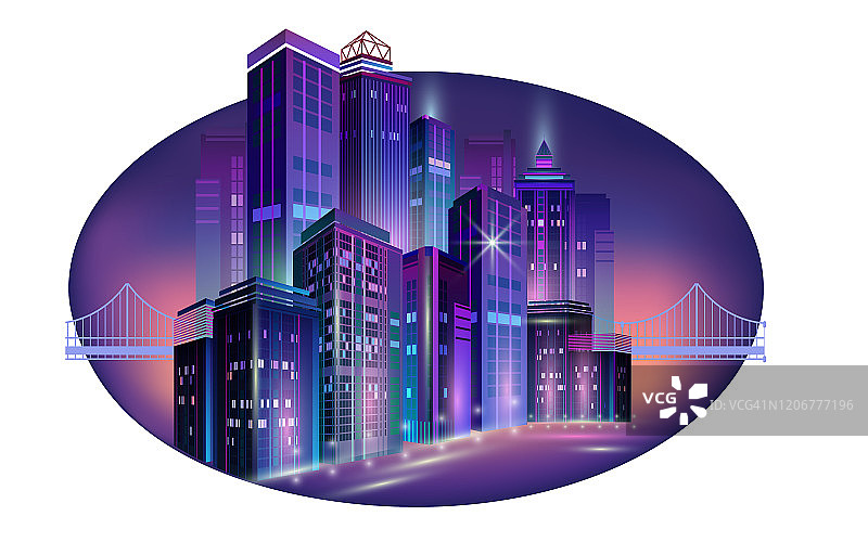 现代城市夜景全景局部矢量图图片素材